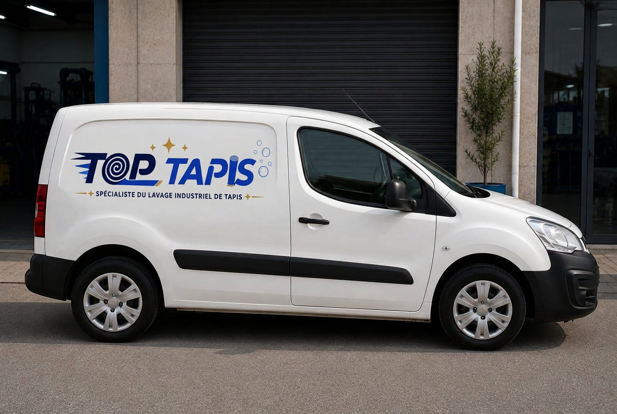 Camionnette de livraison TOP TAPIS devant l'atelier